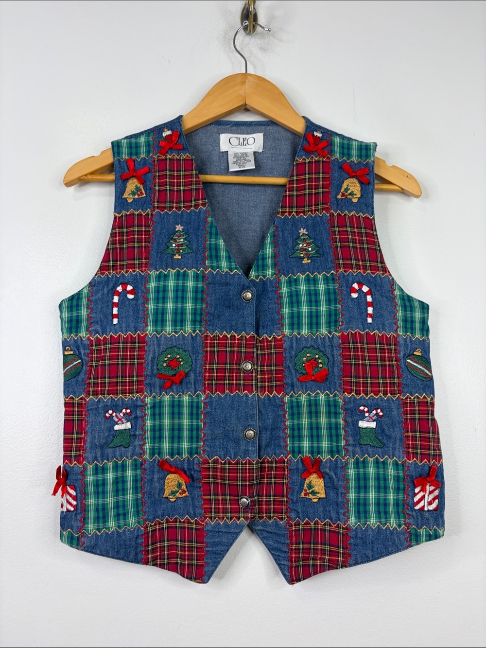 Vintage Chambray Vest Womens Small Blue Red Plaid Patchwork Christmas 80s 90s